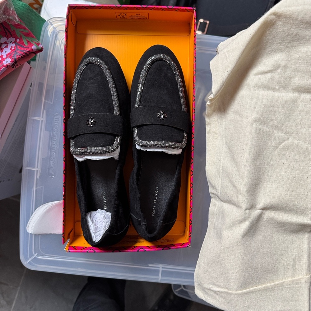 Tory Burch Black Suede Ballet Loafers with Shimmery Crystal Chip Accents